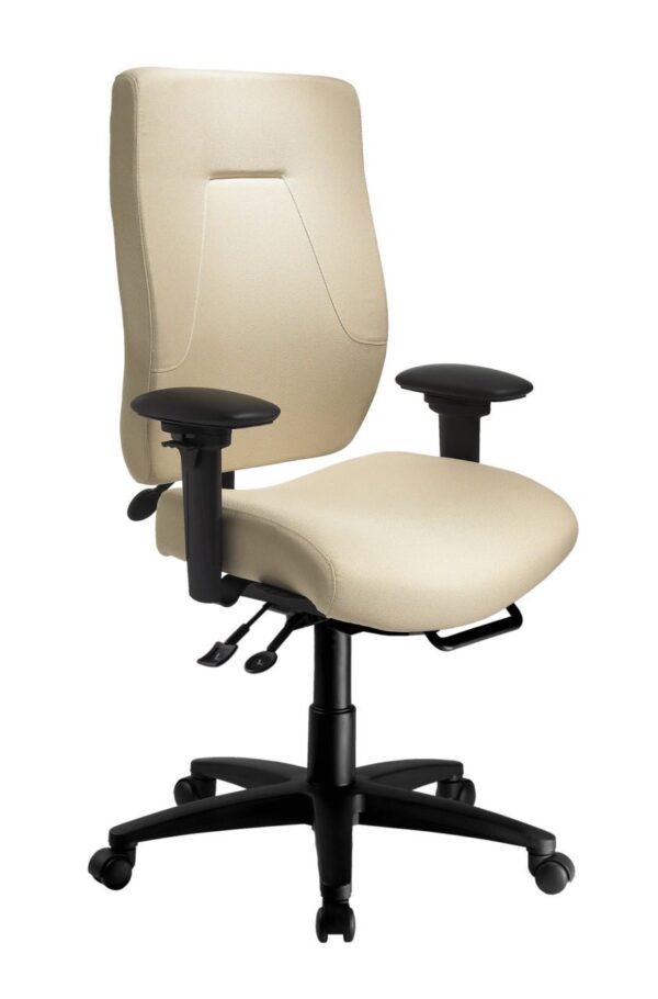 24Centric office chair from ergoCentric. White Leather. Equipped with 24 Hour Multi Tilt Mechanism, 4” Height Adjustable T-Arm, Black Base, Arms, and Casters.