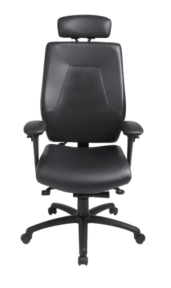 eCentric Executive office chair from ergoCentric. Black Leather. Equipped with Synchro Glide Mechanism, 4” Height Adjustable T-Arm, Black Base, Arms, Casters and Adjustable Headrest.