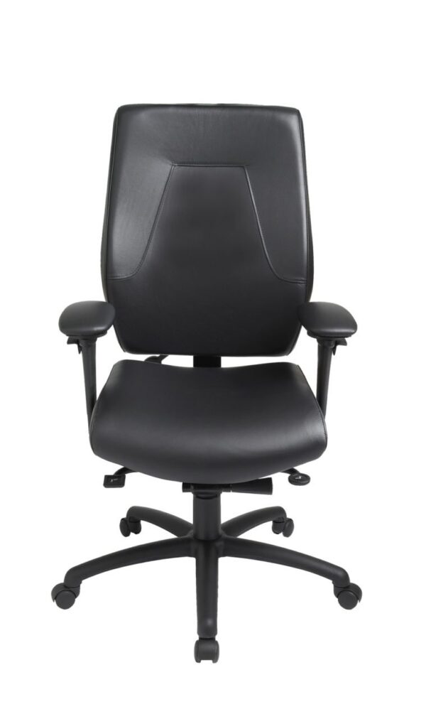 eCentric Executive office chair from ergoCentric. Black Leather. Equipped with Synchro Glide Mechanism, 4” Height Adjustable T-Arm, Black Base, Arms, Casters and Adjustable Headrest.