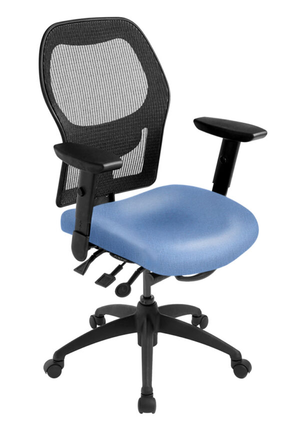 ecoCentric Mesh office chair from ergoCentric. Black with Mesh Backrest. Equipped with Multi Tilt Mechanism, 4” Height Adjustable T-Arm, Black Base, Arms, and Casters.