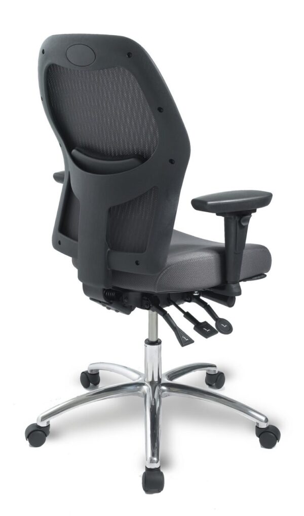 ecoCentric Mesh office chair from ergoCentric. Black with Mesh Backrest. Equipped with Multi Tilt Mechanism, 4” Height Adjustable T-Arm, Black Base, Arms, and Casters.