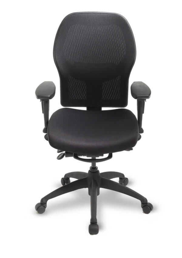 ecoCentric Mesh office chair from ergoCentric. Black with Mesh Backrest. Equipped with Multi Tilt Mechanism, 4” Height Adjustable T-Arm, Black Base, Arms, and Casters.